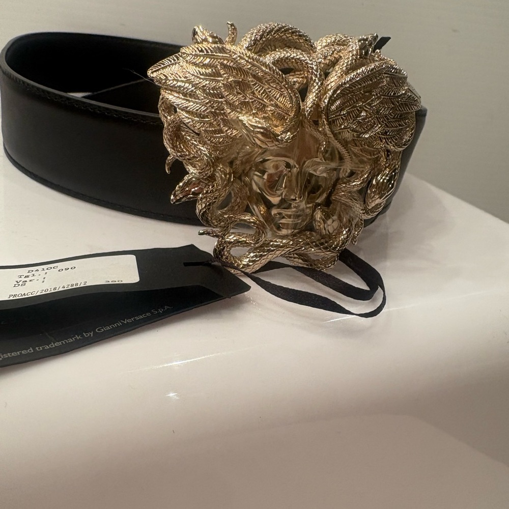 Authentic Versace Leather Black Belt with Gold Medusa Emblem